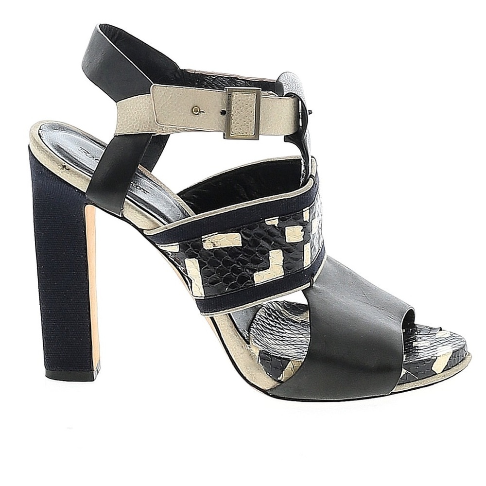 Rachel Roy Black White Snakeskin Leather Embossed Peep Toe Block Heel Sandals 10